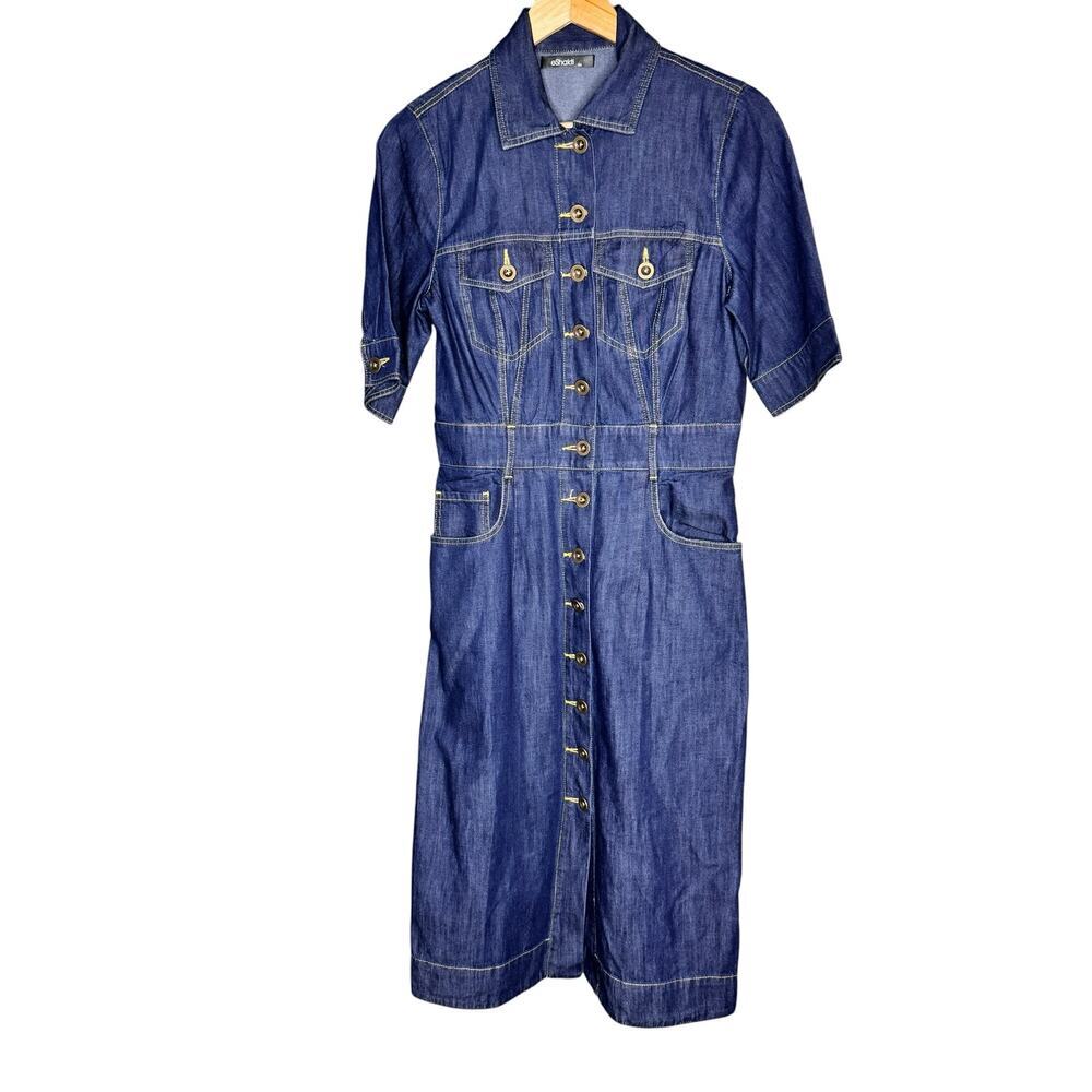 eShakti Denim Shirt Dress Womens S 6 Blue Button Front Midi Pockets Cotton